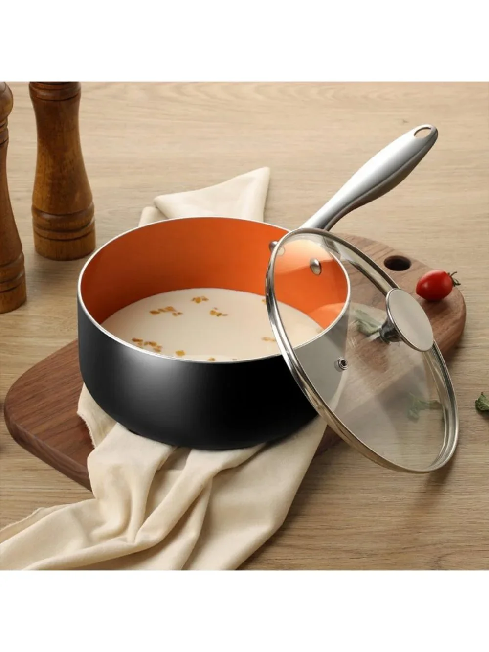 1 Quart Nonstick Ceramic Saucepan with Lid - Small Copper Cooking Pot